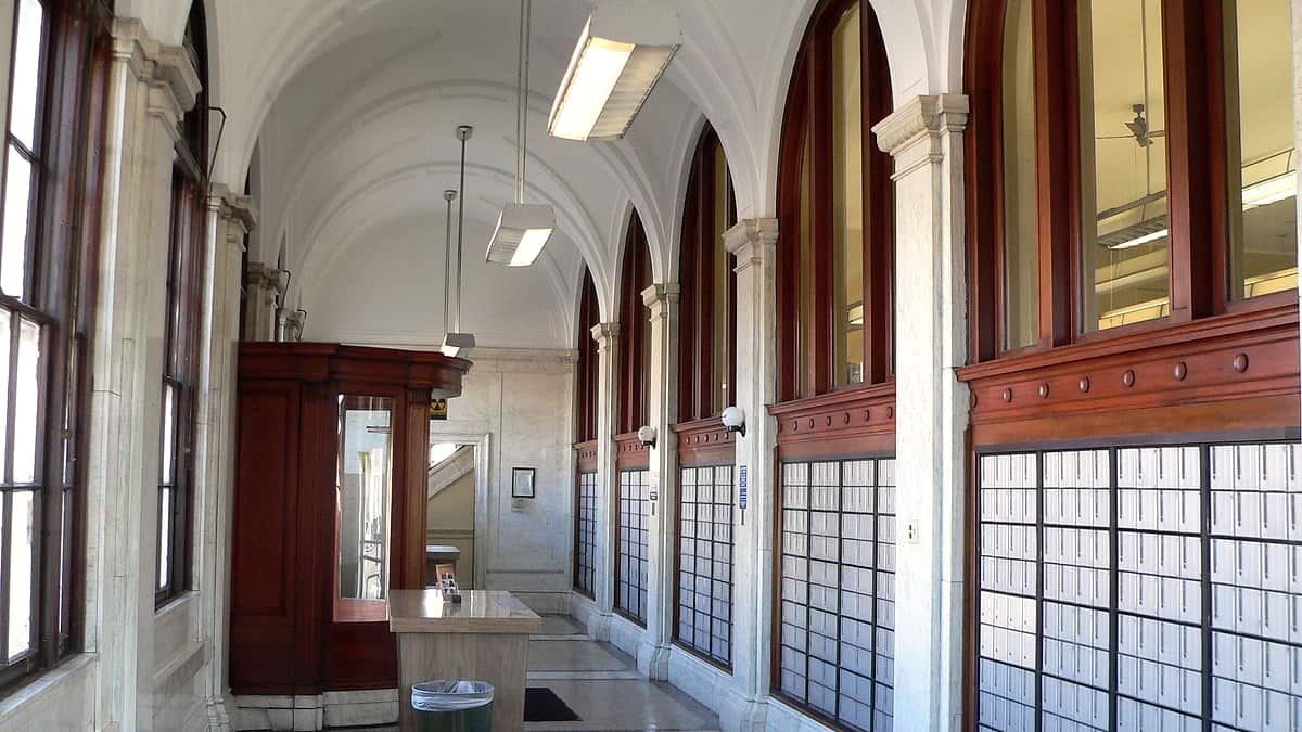 Mailboxes and north vestibule in lobby of post office in Holdrege, Nebraska