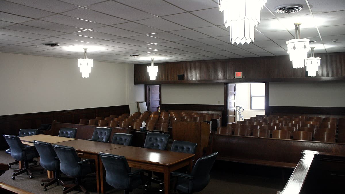 Public seating in courtroom of the Pike County Courthouse in Murfreesboro, Arkansas