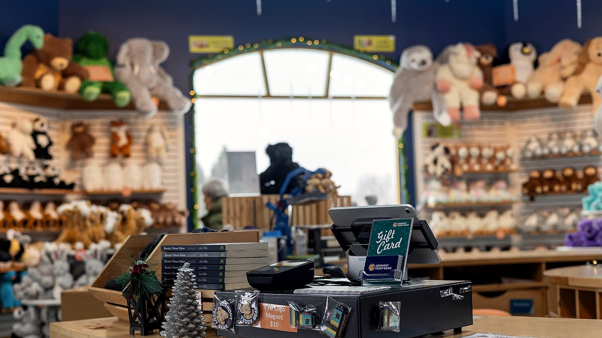 The checkout counter and retail displays inside the Vermont Teddy Bear Company store in Shelburne, Vermont