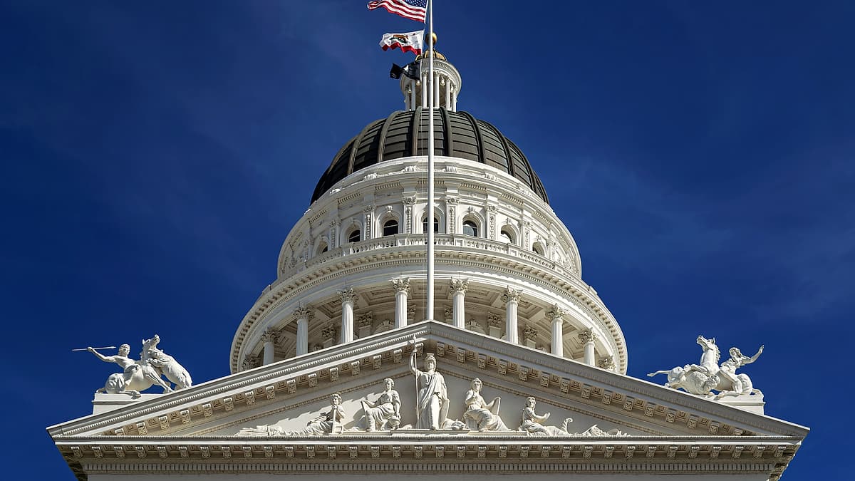 Northwest view up to the pediment, rotunda, and dome of the California State Capitol in Sacramento