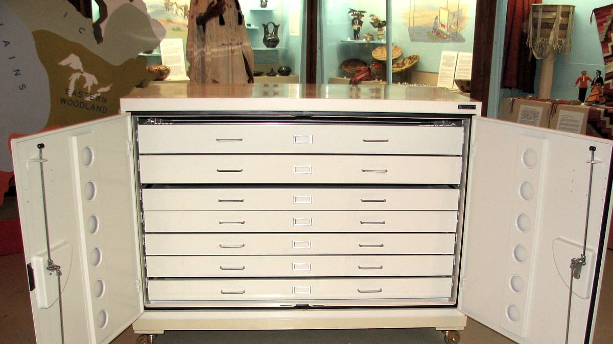 Museum flat file storage cabinet also known as a map storage cabinet
