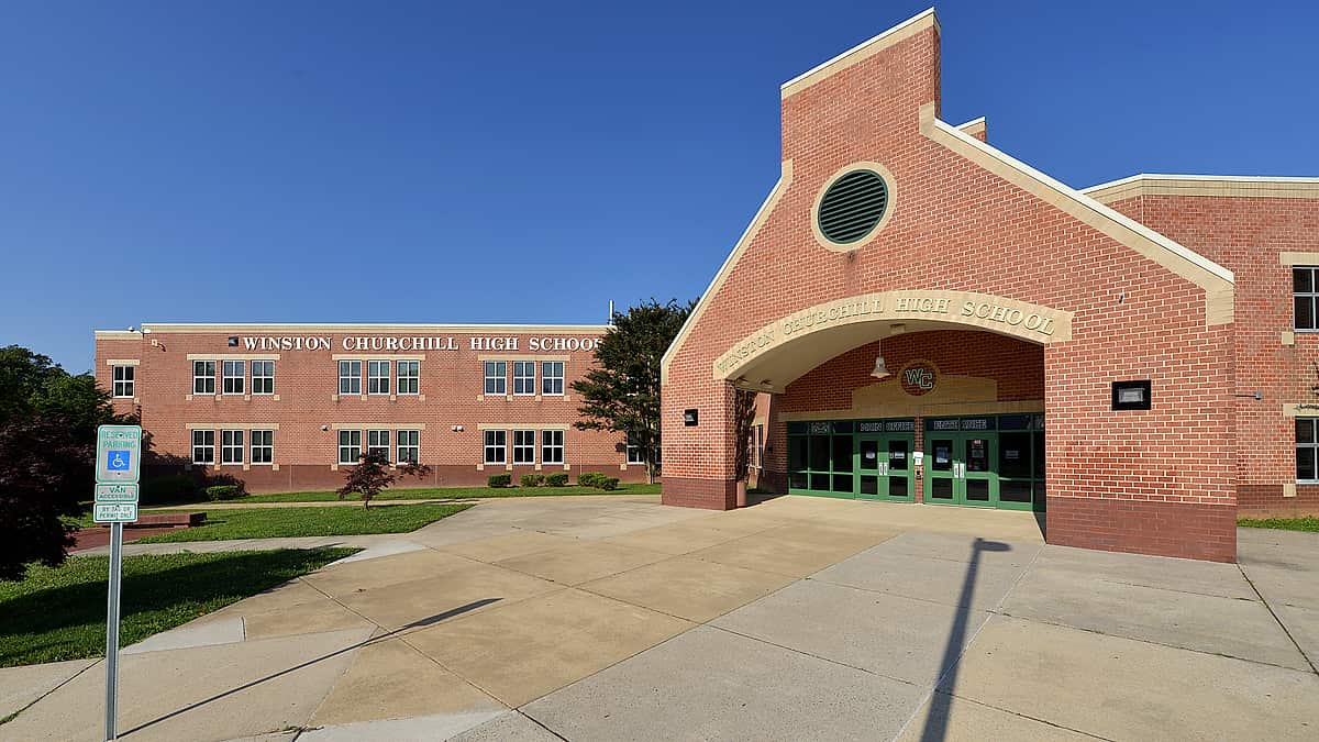 The front entrance for Winston Churchill High School, part of the Montgomery County Public Schools system